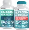 PrimeMD 4-i-1 kalsiumtilskudd for kvinner og menn eller hjerte, bein og kroppsforsvar (120 ct) og 28-i-1 Quercetin med Bromelain Supplement - Quercetin 500 mg kapsler for immunforsvarsstøtte (120 ct)