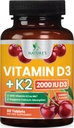 Vitamin D 2000 IU 50mcg per tablett - vitaminer D3 & K2 (MK7) Komplekst Supplement for bein, tenner, muskel, kalsiumabsorpsjon, støtter immun- og hjertehelse, Chewable Formula USA Bottet - 60 tabletter
