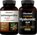 NatureBell Hyaluronsyre Kapsler med Biotin + Vitamin C & Ashwagandha 12,500 mg Ekvivalent med Black Pepper Bundle Pack | Complete Beauty Care Complex | Adaptogens Kosttilskudd for avslapning