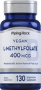 Piping Rock L MetylFolat Supplement | 400 mcg | 130 Kapsler | Vegetarisk, Vegansk | Ikke-GMO, Glutenfri
