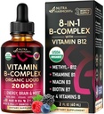 USDA organisk vitamin B-kompleks B5 Pantotensyre | B12 Metylkobalamin | B1 Thiamin | B6 Pyridoksin | B7 Biotin | B9 FOLI | B3 Niacinamid - B kompleks flytende dråper, laget i USA Supplement, 2fl oz