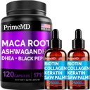 4-i-1 flytende Biotin Collagen Keratin Sag Palmetto Drops (2 fl oz - 2 Pack) & 6-i-1 Maca Root Ashwagandha w Black Pepper Fruit (120ct) Bundle - Håret, huden, negler, energi og Mood Support Supplement