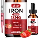 Væske jern Supplement for kvinner og menn jerndråper jern kosttilskudd for anemi med folat, vitamin C, B12 for rød blodcelle støtte-Strawberry, 2 Fl Oz