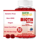 SHIFAA NUTRITION Vegansk Biotin Gummies for voksne og barn | 90 Gummies | 5000 mg 45 Serveringer | Ikke-GMO | Gluten, Gelatin, Peanuts, Egg & Dairy Gratis | Biotin Gummy vitaminer for hår, hud & negler Halal