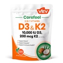 VEV Corefeel vitamin D3 K2, 10.000 IU D3, 200mcg K2 (med MK7), støtter bein og tenner helse, dual næringsstoff støtte for daglig velvære, lett å svelge - 300 kapsler