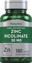 Piping Rock Zink Picolinate 50mg | 180 kapsler | Ikke-GMO, Glutenfri Supplement