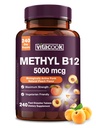 Vitamin B12 Sublingual, Metylcobalamin 5000mcg for energiproduksjon, energi, Nerve og cellestøtte, Naturlig fersken flavor, Vegansk, Zero sukker, 240 raske oppløsning tabletter