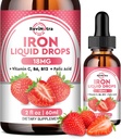 Flytende jerntilskudd for kvinner, menn og barn, flytende jerndråper med folat, vitamin C, B6, B12 for anemi, rød blodcelle, energistøtte, jordbærsmake, 2 Fl Oz