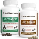 Ekte Mushrooms 5 Defenders for Kjæledyr (90ct) og Lions Mane for Kjæledyr (120ct) - Bundle for immunstyrke og kognisjon - Vegan, ikke-GMO, Glutenfri, kornfri moskroom Kjæledyr kosttilskudd