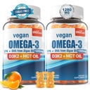 Vegan Omega 3 Gummies 1280mg + vitamin D3 K2 (MK7), Omega 3 Fiskeoljealternativ for voksne, w/Algae EPA 600mg & DHA 400mg, MCT olje - Ingen fiskesmak - for hjernen, øye, immun helse, sukkerfri, 2 pakke