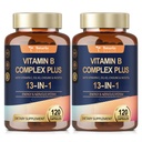 13-i-1 vitamin B kompleks Plus med vitamin B1, B2, B3 (Niacin), B4, B5, B6, B7 (Biotin), B8 (Inositol), B9 (Folat), B12, C, D3, K2 for energi, Nerve, Immune, Hud - 120 Caps per flaske - 2 flasker