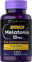 Carlyle Melatonin 10 mg | 120 kapsler | med Ashwagandha | Triple styrke formel | Ikke-GMO, Glutenfri Supplement