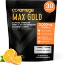 Coromega MAX Gold 3000mg Omega-3 Fish Oil + Vitamin D Squeeze Packets, Wild-Caught, Ingen fiskende smak - 3X Bedre absorpsjon enn Softgels, støtter hjerne og hjerte helse (30 Serveringer, Orange Flavor)