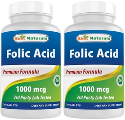 Best Naturals Folic Acid 1000mg (Vitamin B9), 240 tabletter (1000mg (Pack of 2))