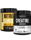 Jacked Factory Nitrosurge bygge pre trening med kreatin for muskelbygging (30 serveringer, blå bringebær) & Kreatin Monohydrat pulver for muskelvekst og gjenoppretting (30 serveringer, uovertruffen)