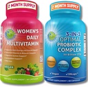 Multivitamin og probiotiske støtte for kvinner B 3-i-1 probiotiske med digestive enzymer og prebiotiske og kvinners daglige multivitamin med jern – vegansk, ikke-GMO, ren daglig helsestøtte