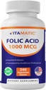 Vitamatic Folic Acid 1000 mg (1 mg) - Vegetariske tabletter - 1667 mg DFE - Vitamin B9 (240 count (pakke med 1))