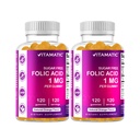 Vitamatic Folic Acid Gummies 1000 mcg (1 mg) – essensielt prenatal vitamin B9 for mamma & baby – 120 vegan gummier per flaske – 2 pakke