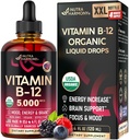 USDA Organic Vitamin B12 Sublingual Drops - 5000 mht. flytende vegansk Metylcobalamin for kvinner og menn - Energiforsterkning, Fokus & Mood, Hjernehelse støtte - Maksimal absorpsjon - 4 måneders forsyning, 4 fl oz