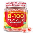 Super Vitamin B Complex Gummies - Alle B vitaminer inkludert Metyl B12, B1, B2, B3, B5, B6, Biotin, Metylfolat med vitamin C, Choline, Inositol, PABA for energi, hjerne og immun støtte, sukkerfri