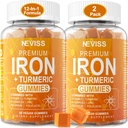Iron Gummies + gurkemeie 600 mg for kvinner menn, jerntilskudd med multivitaminer C, A, B-kompleks, folat, sink for jernmangel, anemi og energi, gentle, ikke-forsterkende, Chewable, Vegan, 2 pakke