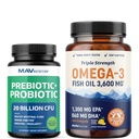 Omega 3 Fiskeolje og probiotiske kapsler | Triple Styrke EPA & DHA Omega 3 Burpless Softgels Plus Probiotiske og prebiotiske kapsler for Gut Helse og immunstøtte | 60 Serverer hver