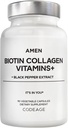 Amen Biotin collagen vitaminer + 10 000 mikrog Biotin Supplement - Hydrolysert kollagen, vitaminer C & E, Folat, Hyaluronsyre, Keratin, MSM, Sag Palmetto - 3-måneders Supply - Ikke-GMO - 90 Kapsler
