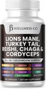 Lions Mane Supplement Kognitiv støtte, immunhelse med Tyrkia Tail 20in1 Mushroom Reishi Cordyceps Chaga med Marshmallow Root 60 greve