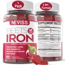 Beet Root Gummies med jern, Methyl B12, Folat, Vitamin C - Øk nitric oksid & jern nivåer, energi støtte, bekjempe tretthet, Beetroot & Gentle Iron Supplement, sukker gratis, 60 greve