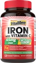 Jern Supplement 65mg med vitamin C, magevennlig karbonyl jern, høy styrke og absorpsjon, for sunn jern og energi nivåer, støtter rødt blodcelle produksjon, 120 tabletter