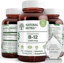 Naturlig Nutra Vitamin B12 1000 mcg, kobalamin B 12 Supplement, kalsiumfosfat, Hjelp i metabolisme Helse, Støtter nervesystemet, Optimal absorpsjon, Glutenfri, Sukkerfri, 60 Vegantabletter