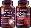 Jern og vitamin B12 Bundle, 5000 mcg B12, null sukker, karbonyl jern med vitamin C, gentle på magen