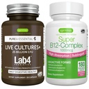 Levende kulturer+ Lab4 Probiotika + Super B12-Complex, Vegan Bundle, 25 milliarder CFU Lactobacillus Acidophilus og Bifidobacterium + høy absorpsjon Sublingual B12, ved Igennus