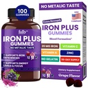 Jern Gummies Kosttilskudd for kvinner, menn og barn - Helse Blod og energi Støtte for jernmangel, Anemi, Nei Etter smak-frisk Grape Flavor- 100 Gummies (50 dagers forsyning)
