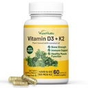 Vegansk Vitalitet Vitamin D3 K2 4000IU (100mcg) med kokosolje, 100% plantebasert vegansk vitamin D for vegansk og vegetarisk - 60 kapsler