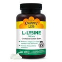 Country Life L-Lysine 500mg med B-6, støtter immun helse, fremmer kollagenfornyelse i lepper og munn, 100 vegan kapsler, sertifisert glutenfri, sertifisert Vegan