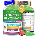 60 dagers forsyning magnesiumglycinat 400 mg gummier med Ashwagandha, L-theanin, CoQ10, Vitamin D3 & B6, sukkerfri magnesium gummier for voksne og barn, stress relief, søvn og ro, vegansk, glutenfri