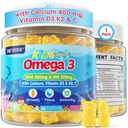 Kids Omega 3 Gummies + Kalsium 400mg + vitamin D3 K2 + C, Omega-3 DHA & EPA Supplement - Ingen fisk Burps, Ingen sukker - Kids & Tenåringer Omḛga 3 + Multivitamin Gummy for sterke bein, hjerne, immune, øye, 60Cts