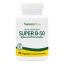 Natures Plus Super B50-90 Vegetariske kapsler - høy potens B kompleks vitamin Supplement - hjerne og energi øker - Glutenfri - 90 Services