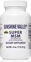 Sunshine Valley® Super MSM Supplement - Methylsulfonylmetan MSM Crystals pulver for felles støtte, negler, hår og hud helse - 100% ren pulver, uflavorert, kosttilskudd - 4 oz