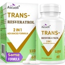 99% Ultra renhet Trans-Resveratrol 1100mg, 3-i-1 Advanced Formula Organic Resveratrol Supplement, Max Antioksidant, Anti-Aging, Hud Helse, Cell Repair, Boost NAD+, Immun & Energi, 60 Caps