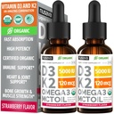 (2 Pack) Økologisk vitamin D3 K2 faller 5000 IE med MCT olje Omega 3 - Maksimal styrke flytende D3 uten fyllstoff, ikke-GMO for raskere absorpsjon, immunstøtte (Strawberry, 2 Fl Oz)