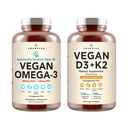 Vegan Powerhouse Combo. Omega-3 fra Algal Olje & vitamin D3 + K2. Plantebasert 5000 iu VIT D fra Algae. 100 mcg All-Trans MK-7 Vita K. Carrageenan Gratis Veggie Softgels.