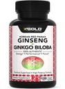 Autentisk koreansk rød Panax Ginseng 1200mg + Ginkgo Biloba 160mg – høy ginsenosides ekstra styrke – energi, minne, fokus og hjerne helse – Veganske kapsler for menn og kvinner – 120 teller