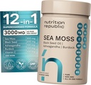 Sea Moss Supplement, Hav Moss Kapsler med svart frøolje, Ashwagandha og Burdock Root, Multimineral Supplement med vitamin C, 60 Veggie Kapsler