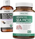 Svart Seed Olje Flytende & sjø Moss (2-måneders forsyning) Hav & frø Fusion Bundle - Svart Seed Oil Liquid (16fl.oz) Premium Kaldpresset Clack Cumin Seed Oil & Organic Irish Sea Moss med BioPerine - Vegan