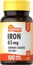 Sunance Iron Supplement Ferrous Sulfate 325mg | 100 tabletter | Vegetarisk, ikke-GMO, og Glutenfri