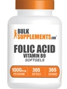 BulkSupplements.com Folic Acid Softgels - Vitamin B9, Folic Acid 1000 mcg, Folat Supplement - Glutenfri, 1 Softgel per servering, 365 Count (Pack of 1)