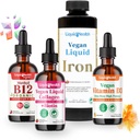 LIQUIDHEALTH Vegan Daily Essentials Vitamin Starter Kit med organisk Metyl B12 dråper, Vegan flytende kollagen + Biotin, flytende jern, vitamin D3 dråper - 100% plantebaserte vitamin kosttilskudd, laget i USA