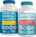 4-i-1 Fish Oil Omega 3 Kosttilskudd (2100 mg) - Omega 3 Fiskeolje med vitaminer D3 & K2 og CoQ10 & 28-i-1 Quercetin med Bromelain Supplement for daglig immunforsvarsstøtte (120ct)